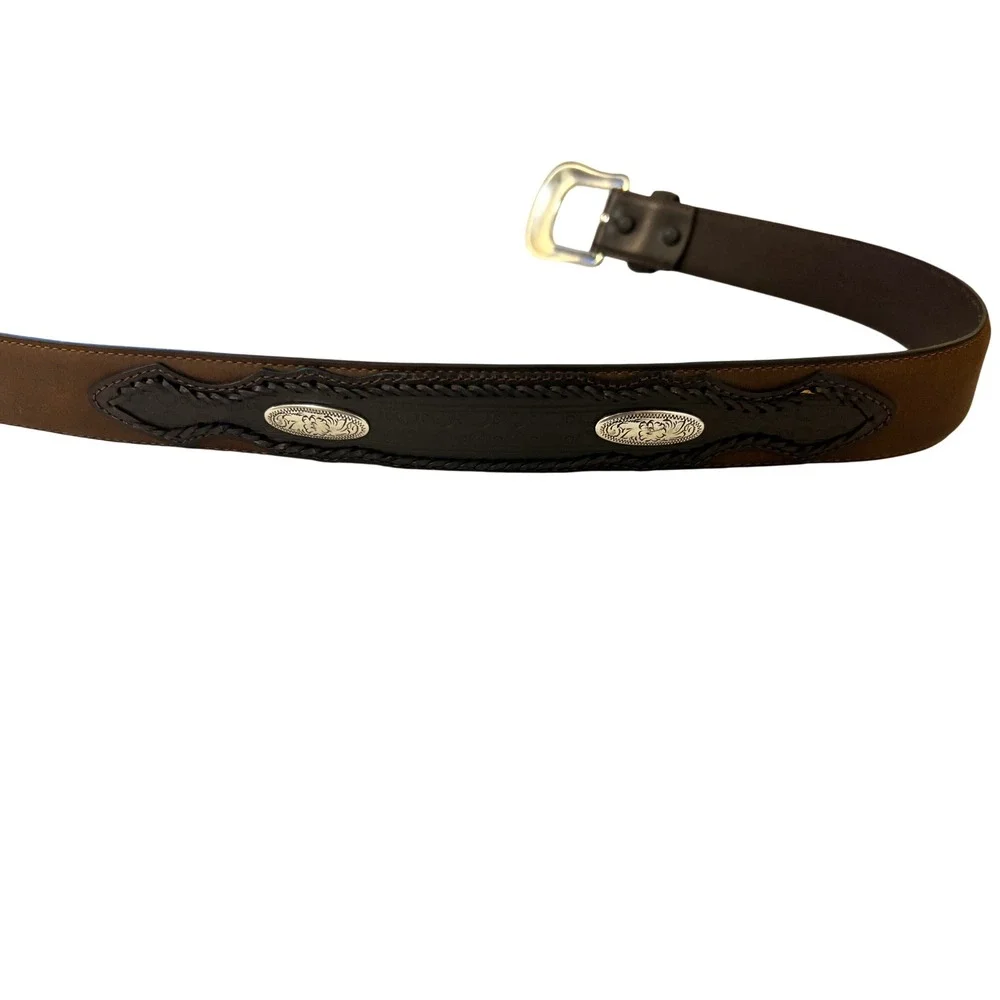 Mens Western Brown Black Genuine Leather Belt Engraved Silver Buckle Conchos